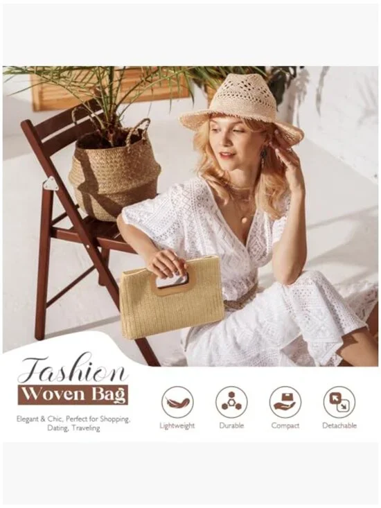 Woven Straw Clutch Purse with Detachable Chain Strap, Polyester and PU Leather - Picture 4 of 7